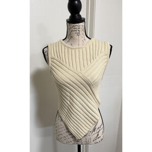 Stitch + Feather Sweater Tank Womens Small Beige Scarf Hem Ribbed Knit